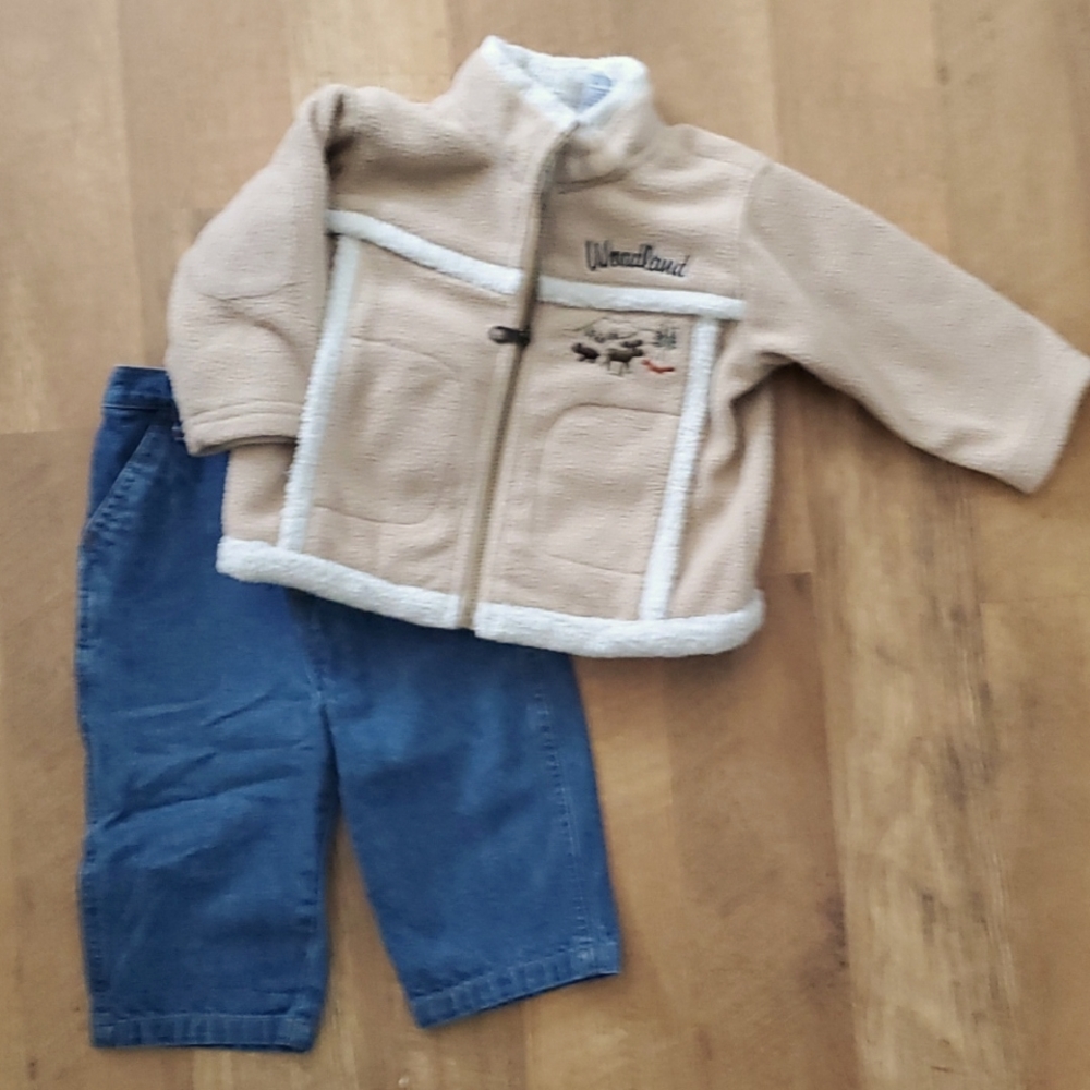 Little By Little Boys Woodland Fleece Tan Jacket with Carpenter Jeans 12M‎